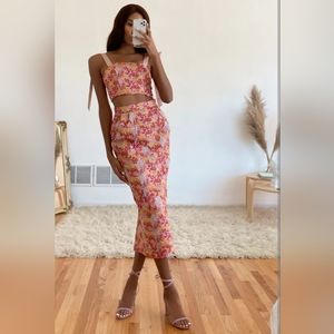 Lulus Ellarina Pink Multi Metallic Tie Strap Two Piece Midi Dress (M)